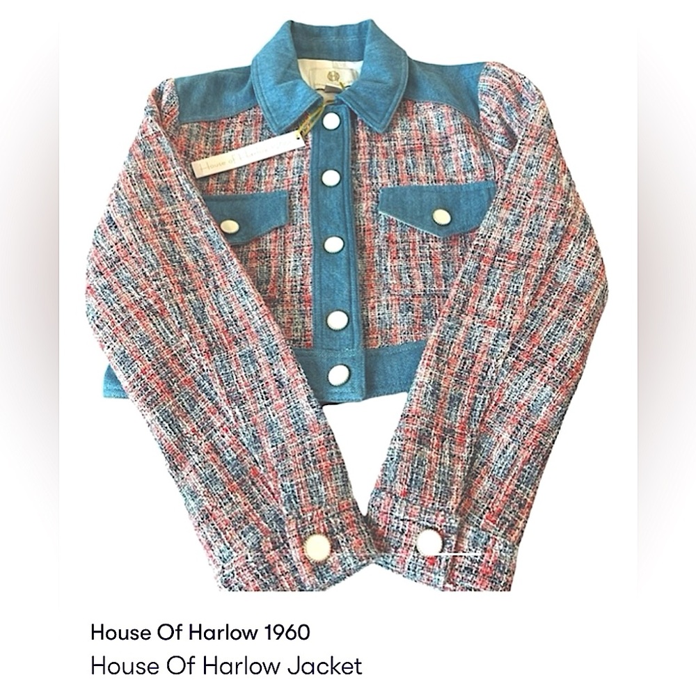 House of Harlow jacket, Denim and tweed gold buttons on front, cuffs and pockets